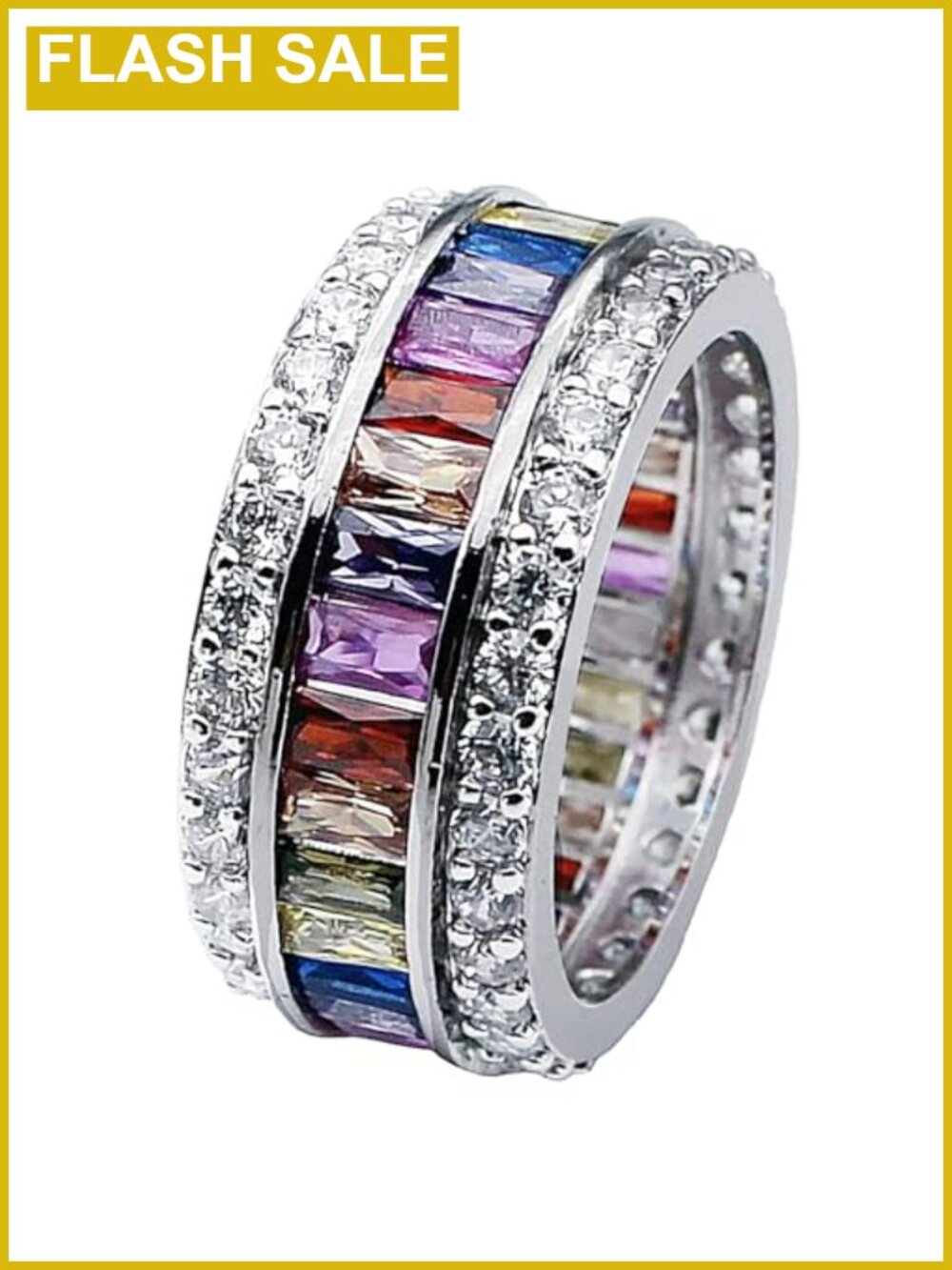 Silver Plated Bronze Wide Band Ring with Created Multicolor Gemstones